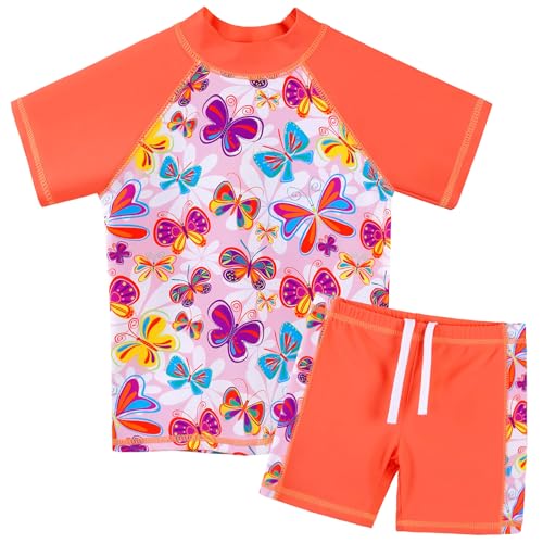 ZNYUNE Kinder Badeanzug Mädchen Zweiteiliger Badeanzug Stoffdruck Kurzen Ärmeln + Hosenrock Badebekleidung Schwimmanzug S471 OrangeButterfly 12A von ZNYUNE