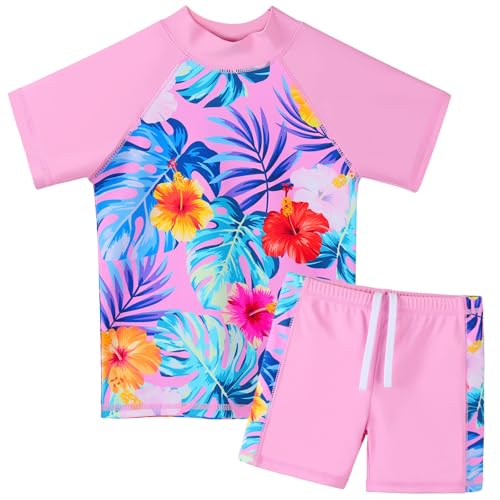 ZNYUNE Kinder Badeanzug Mädchen Zweiteiliger Badeanzug Stoffdruck Kurzen Ärmeln + Hosenrock Badebekleidung Schwimmanzug S471 PinkFlower 4A von ZNYUNE