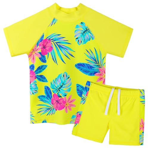 ZNYUNE Kinder Badeanzug Mädchen Zweiteiliger Badeanzug Stoffdruck Kurzen Ärmeln + Hosenrock Badebekleidung Schwimmanzug S471 YellowFlower 8A von ZNYUNE