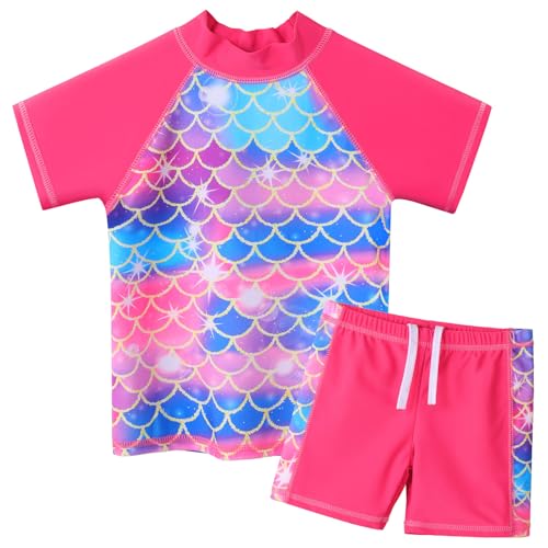 ZNYUNE Kinder Badeanzug Mädchen Zweiteiliger Badeanzug Stoffdruck Kurzen Ärmeln + Hosenrock Badebekleidung Schwimmanzug S484 HotPinkScale 4A von ZNYUNE
