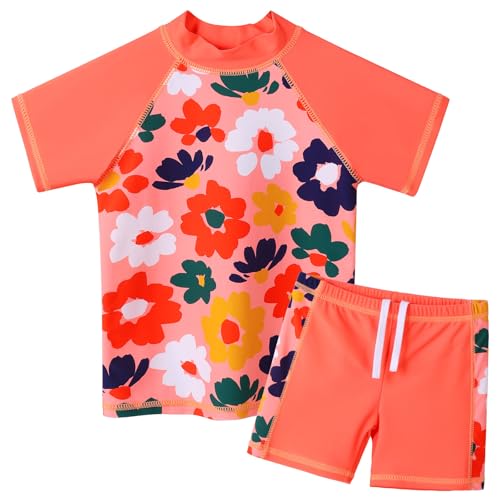 ZNYUNE Kinder Badeanzug Mädchen Zweiteiliger Badeanzug Stoffdruck Kurzen Ärmeln + Hosenrock Badebekleidung Schwimmanzug S484 PeachFlower 6A von ZNYUNE