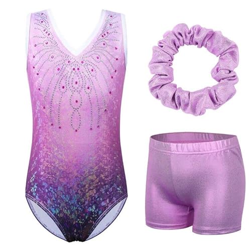 ZNYUNE Kinder Gymnastik Trikot Klassisch Gymnastikanzug 3er Set Anzug für Mädchen B254 Purple 10A von ZNYUNE