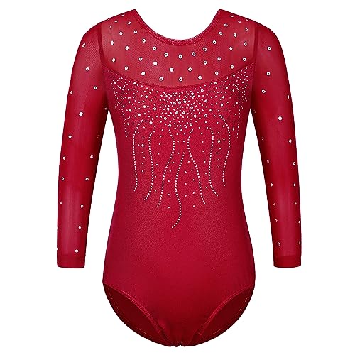 ZNYUNE Kinder Gymnastik Trikot mit Pailletten Mädchen Gymnastikanzug 3/4 Hülse in Tüll B285 WineRed 6A von ZNYUNE