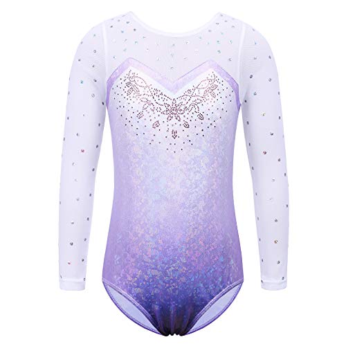 ZNYUNE Kinder Gymnastik Trikot mit Pailletten Mädchen Gymnastikanzug Langarm in Tüll 268 Lightpurple 4A von ZNYUNE
