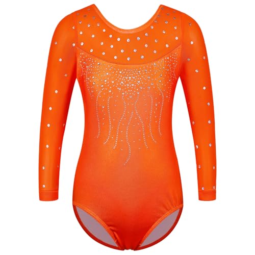 ZNYUNE Kinder Gymnastik Trikot mit Pailletten Mädchen Gymnastikanzug Langarm in Tüll B285 Orange 14A von ZNYUNE