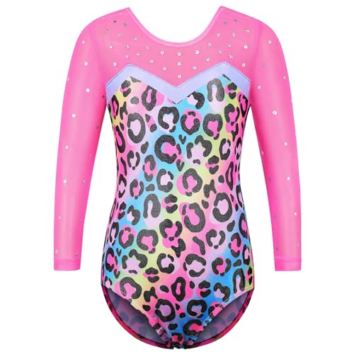 ZNYUNE Kinder Gymnastik Trikot mit Pailletten Mädchen Gymnastikanzug Langarm in Tüll B346 PinkLeopard 6A von ZNYUNE