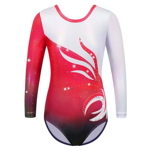 ZNYUNE Kinder Gymnastik Trikot mit Pailletten Mädchen Gymnastikanzug Langarm in Tüll B353 WhiteWineRed 12A von ZNYUNE