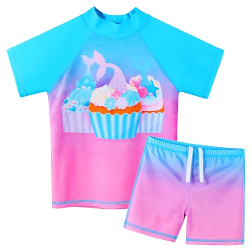 ZNYUNE Mädchen 2-Teilige Badebekleidung Kinder Zweiteiliger Schwimmanzug Stoffdruck Badeanzug Kurze Ärmel + Rock-Shorts S324 BluePinkScale 2A von ZNYUNE