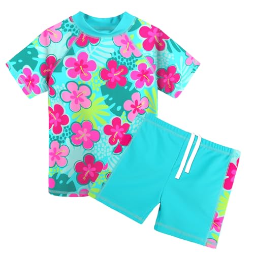ZNYUNE Mädchen 2-Teilige Badebekleidung Kinder Zweiteiliger Schwimmanzug Stoffdruck Badeanzug Kurze Ärmel + Rock-Shorts S324 CyanPinkFlower 4A von ZNYUNE