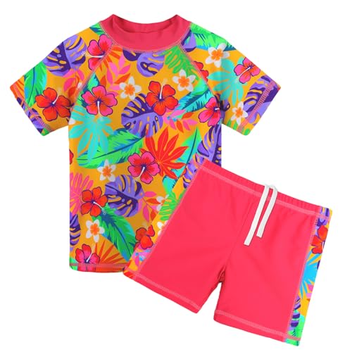 ZNYUNE Mädchen 2-Teilige Badebekleidung Kinder Zweiteiliger Schwimmanzug Stoffdruck Badeanzug Kurze Ärmel + Rock-Shorts S342 HotPinkFlower 4A von ZNYUNE