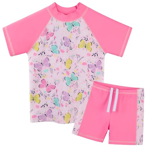 ZNYUNE Mädchen 2-Teilige Badebekleidung Kinder Zweiteiliger Schwimmanzug Stoffdruck Badeanzug Kurze Ärmel + Rock-Shorts S342 PinkButterfly 8A von ZNYUNE