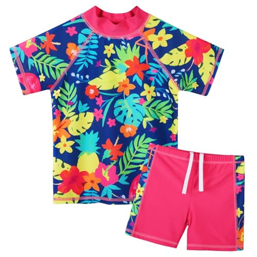 ZNYUNE Mädchen 2-Teilige Badebekleidung Kinder Zweiteiliger Schwimmanzug Stoffdruck Badeanzug Kurze Ärmel + Rock-Shorts S366 NavyFlower 12A von ZNYUNE