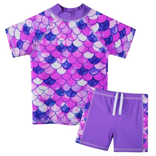 ZNYUNE Mädchen 2-Teilige Badebekleidung Kinder Zweiteiliger Schwimmanzug Stoffdruck Badeanzug Kurze Ärmel + Rock-Shorts S399 ScalePurple 6A von ZNYUNE