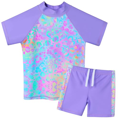 ZNYUNE Mädchen 2-Teilige Badebekleidung Kinder Zweiteiliger Schwimmanzug Stoffdruck Badeanzug Kurze Ärmel + Rock-Shorts S471 PurpleLeopard 10A von ZNYUNE