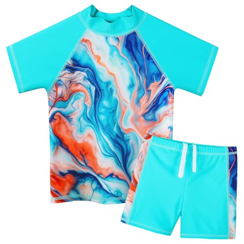 ZNYUNE Mädchen 2-Teilige Badebekleidung Kinder Zweiteiliger Schwimmanzug Stoffdruck Badeanzug Kurze Ärmel + Rock-Shorts S484 CyanAgate 12A von ZNYUNE