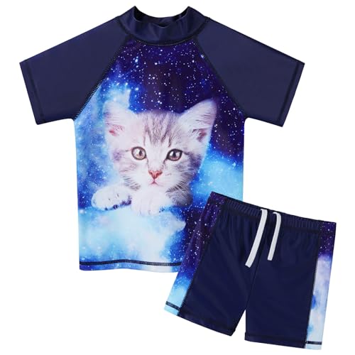 ZNYUNE Mädchen 2-Teilige Badebekleidung Kinder Zweiteiliger Schwimmanzug Stoffdruck Badeanzug Kurze Ärmel + Rock-Shorts S484 NavyCat 12A von ZNYUNE