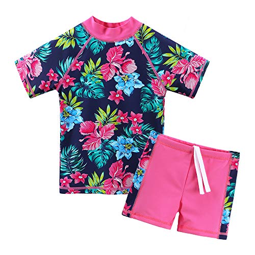 ZNYUNE Mädchen 2-Teilige Badebekleidung Kinder Zweiteiliger Schwimmanzug Stoffdruck Badeanzug Lange Ärmel + Rock-Shorts S200 NavyFlower 16A von ZNYUNE