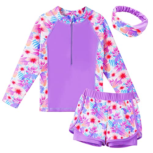 ZNYUNE Mädchen 2-Teilige Badebekleidung Kinder Zweiteiliger Schwimmanzug Stoffdruck Badeanzug Lange Ärmel + Rock-Shorts S421 PinkFlower 14A von ZNYUNE