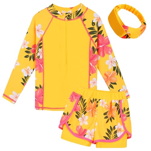 ZNYUNE Mädchen 2-Teilige Badebekleidung Kinder Zweiteiliger Schwimmanzug Stoffdruck Badeanzug Lange Ärmel + Rock-Shorts S421 YellowFlower 10A von ZNYUNE