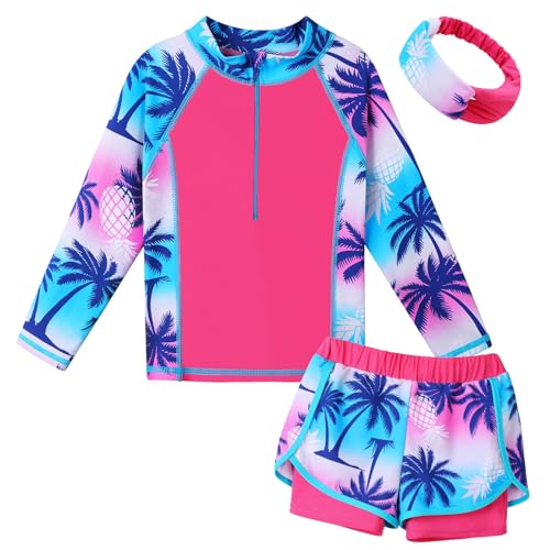 ZNYUNE Mädchen 2-Teilige Badebekleidung Kinder Zweiteiliger Schwimmanzug Stoffdruck Badeanzug Lange Ärmel + Rock-Shorts S441 PinkCocoTree 14A von ZNYUNE