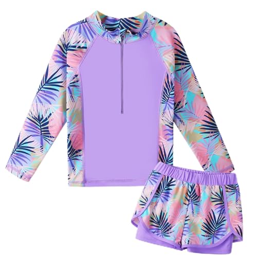 ZNYUNE Mädchen 2-Teilige Badebekleidung Kinder Zweiteiliger Schwimmanzug Stoffdruck Badeanzug Lange Ärmel + Rock-Shorts S441 PurpleLeaves 6A von ZNYUNE