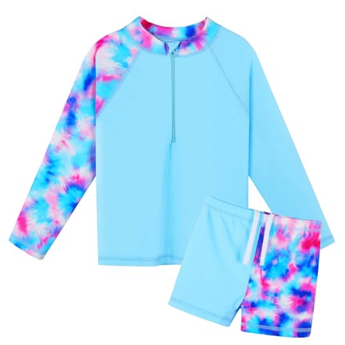 ZNYUNE Mädchen 2-Teilige Badebekleidung Kinder Zweiteiliger Schwimmanzug Stoffdruck Badeanzug Lange Ärmel + Rock-Shorts S443 TieDyeBlue 14A von ZNYUNE