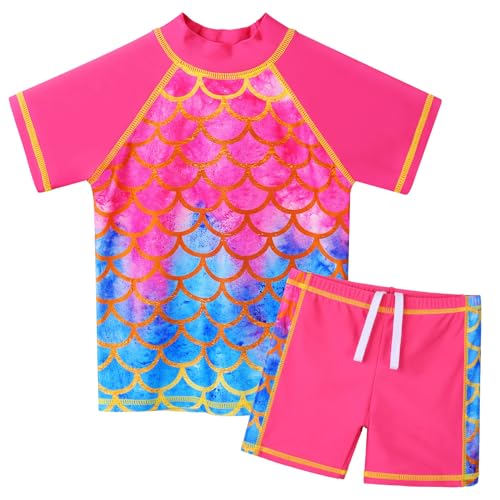 ZNYUNE Mädchen 2-Teilige Badebekleidung Kinder Zweiteiliger Schwimmanzug Stoffdruck Badeanzug Lange Ärmel + Rock-Shorts S451 HotPinkScale 14A von ZNYUNE