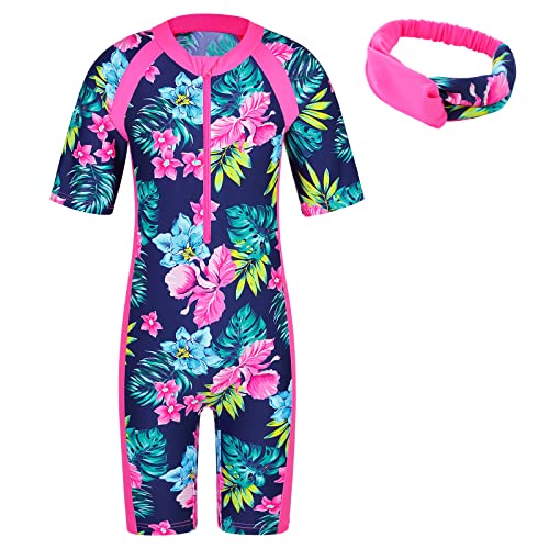 ZNYUNE Mädchen Einteiler Kurzärm Badeanzug Stoffdruck Kinder Schwimmanzug+Haarreif S419 NavyFlower 12A von ZNYUNE