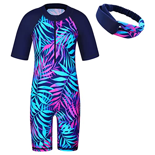 ZNYUNE Mädchen Einteiler Kurzärm Badeanzug Stoffdruck Kinder Schwimmanzug+Haarreif S419 NavyLeaves 14A von ZNYUNE