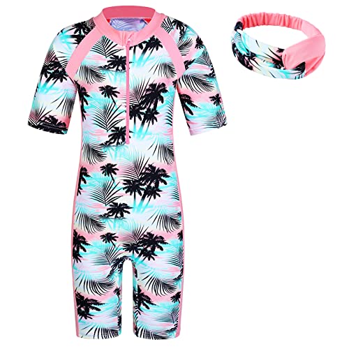 ZNYUNE Mädchen Einteiler Kurzärm Badeanzug Stoffdruck Kinder Schwimmanzug +Haarreif S419 CocoTree 8A von ZNYUNE
