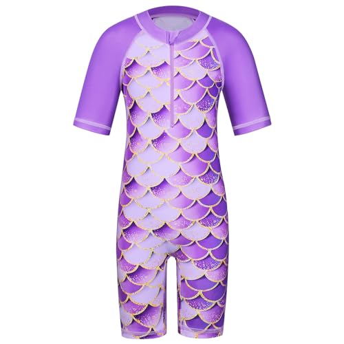 ZNYUNE Mädchen Einteiler Kurzarm Badeanzug Stoffdruck Kinder Schwimmanzug S376 PurpleScale 10A von ZNYUNE