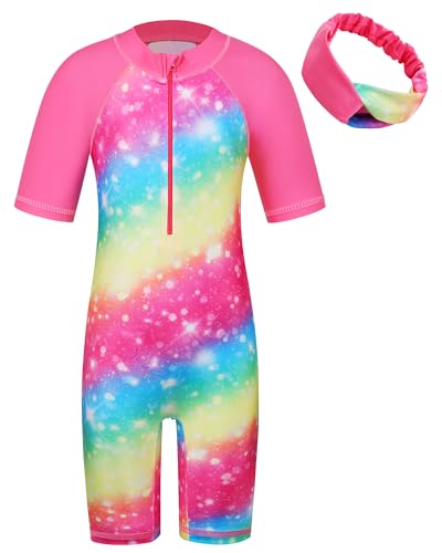 ZNYUNE Mädchen Einteiler Kurzarm Badeanzug Stoffdruck Kinder Schwimmanzug S428 Rainbow 14A von ZNYUNE