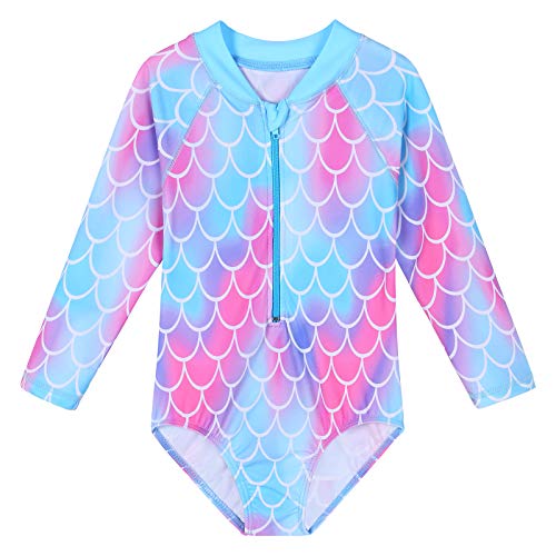 ZNYUNE Mädchen Einteiler Langarm Badeanzug Stoffdruck Kinder Schwimmanzug 333 ScaleBlue 104/110 von ZNYUNE