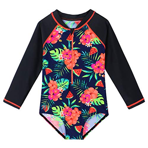 ZNYUNE Mädchen Einteiler Langarm Badeanzug Stoffdruck Kinder Schwimmanzug 341 BlackFlower 128/134 von ZNYUNE