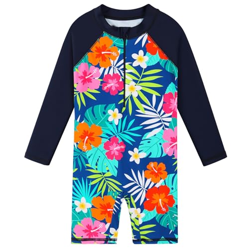 ZNYUNE Mädchen Einteiler Langarm Badeanzug Stoffdruck Kinder Schwimmanzug S480 NavyFlower 104/110 von ZNYUNE
