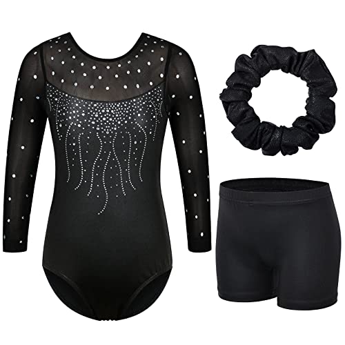 ZNYUNE Mädchen Gymnastikanzug 3er Set Kinder Glänzende Turnanzug mit Strasssteine B272 Black 16A von ZNYUNE
