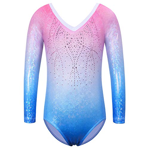 ZNYUNE Mädchen Gymnastikanzug Langarm Kinder Glänzende Turnanzug mit Strasssteine 267 PinkBlue 10A von ZNYUNE