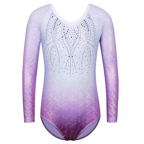 ZNYUNE Mädchen Gymnastikanzug Langarm Kinder Glänzende Turnanzug mit Strasssteine B267 BluePurple 12A von ZNYUNE