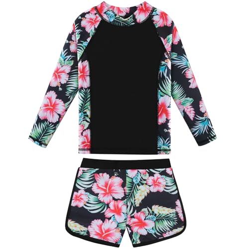 ZNYUNE Mädchen Jacquard Zweiteilige Langarm Badeanzug Schnelltrocknend UV Schutz 50+ Schwimmanzug Girls Swimsuit von 3 bis 16 Jahren S506 BlackFlower 12A von ZNYUNE