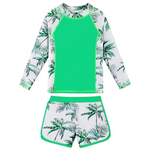 ZNYUNE Mädchen Jacquard Zweiteilige Langarm Badeanzug Schnelltrocknend UV Schutz 50+ Schwimmanzug Girls Swimsuit von 3 bis 16 Jahren S506 GreenCocoTree 14A von ZNYUNE