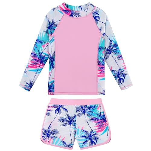 ZNYUNE Mädchen Jacquard Zweiteilige Langarm Badeanzug Schnelltrocknend UV Schutz 50+ Schwimmanzug Girls Swimsuit von 3 bis 16 Jahren S506 PinkCocoTree 14A von ZNYUNE