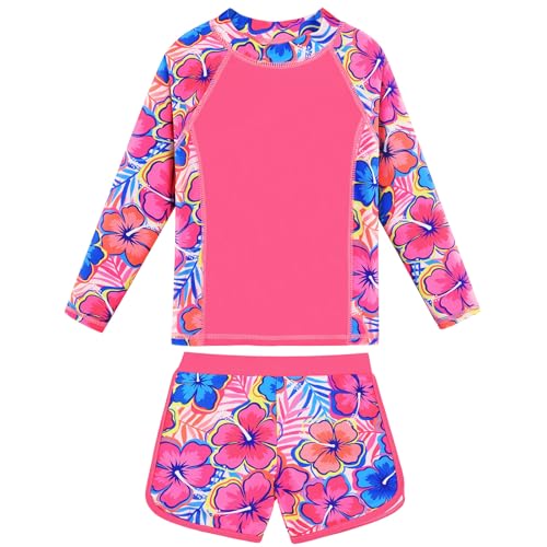 ZNYUNE Mädchen Jacquard Zweiteilige Langarm Badeanzug Schnelltrocknend UV Schutz 50+ Schwimmanzug Girls Swimsuit von 3 bis 16 Jahren S508 HotPinkFlower 14A von ZNYUNE