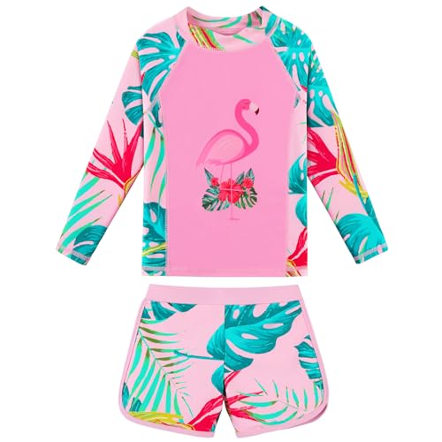 ZNYUNE Mädchen Jacquard Zweiteilige Langarm Badeanzug Schnelltrocknend UV Schutz 50+ Schwimmanzug Girls Swimsuit von 3 bis 16 Jahren S518 FlamingoPink 8A von ZNYUNE