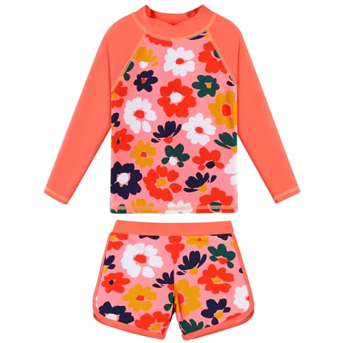 ZNYUNE Mädchen Jacquard Zweiteilige Langarm Badeanzug Schnelltrocknend UV Schutz 50+ Schwimmanzug Girls Swimsuit von 3 bis 16 Jahren S518 PeachFlower 8A von ZNYUNE