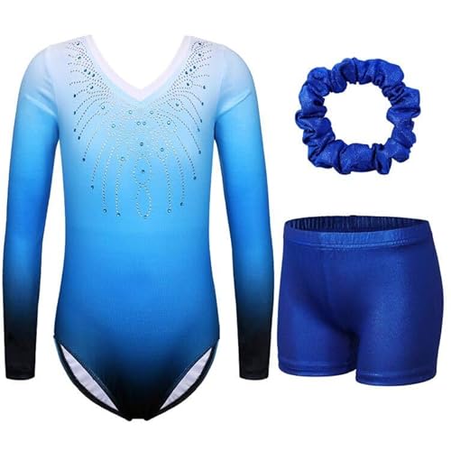 ZNYUNE Mädchen Turnanzug mit Hose Haarband Set Gymnastikanzug Kinder Shorts Trikot Turnen Ärmellos/Langarm Kleidung klassisch Turnbody B152 Blue 14A von ZNYUNE