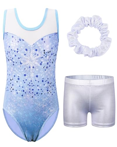 ZNYUNE Mädchen Turnanzug mit Hose Haarband Set Gymnastikanzug Kinder Shorts Trikot Turnen Ärmellos/Langarm Kleidung klassisch Turnbody B251 DotsBlue 14A von ZNYUNE