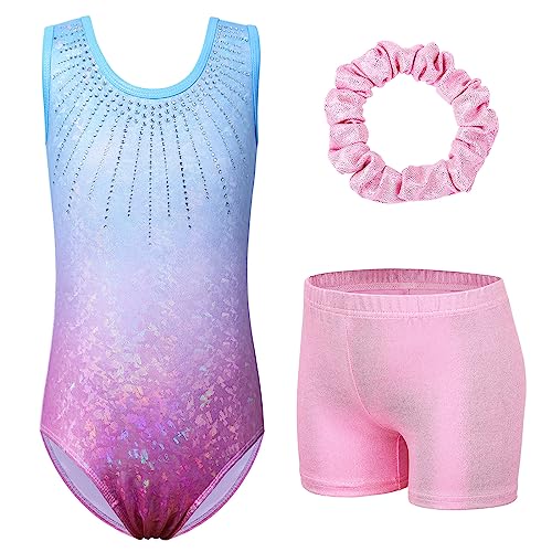 ZNYUNE Mädchen Turnanzug mit Hose Haarband Set Gymnastikanzug Kinder Shorts Trikot Turnen Ärmellos/Langarm Kleidung klassisch Turnbody B258 BluePink 6A von ZNYUNE