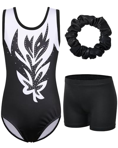 ZNYUNE Mädchen Turnanzug mit Hose Haarband Set Gymnastikanzug Kinder Shorts Trikot Turnen Ärmellos/Langarm Kleidung klassisch Turnbody B323 BlackWhiteFlower 14A von ZNYUNE