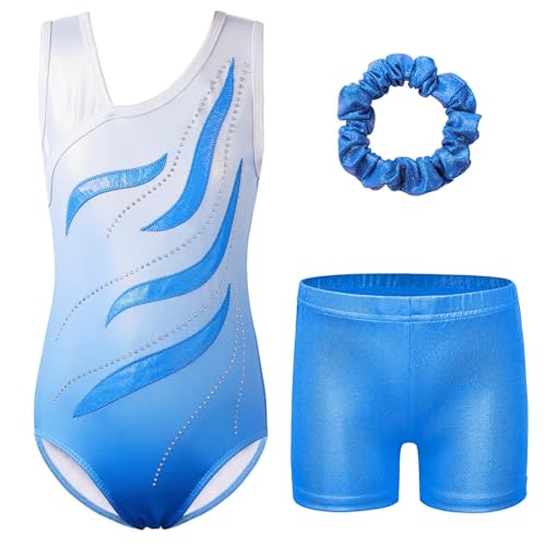 ZNYUNE Mädchen Turnanzug mit hose Haarband Set gymnastikanzug Kinder Shorts trikot turnen Ärmellos/Langarm Kleidung klassisch Turnbody B371 WhiteBlue 6A von ZNYUNE