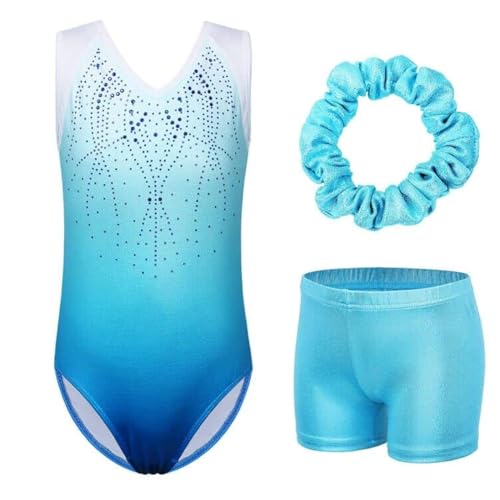 ZNYUNE Mädchen Turnanzug mit hose Haarband Set gymnastikanzug Kinder Shorts trikot turnen Ärmellos/Langarm Kleidung klassisch Turnbody B182 Blue 14A von ZNYUNE